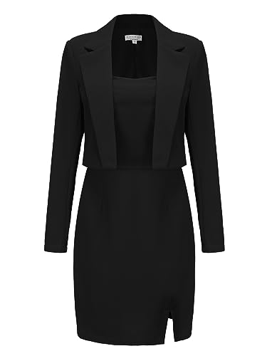 EXLURA Women's Long Sleeve Blazer Jacket Suit Sets with Split Mini Dress Work Business Office Two Piece Outfits Black