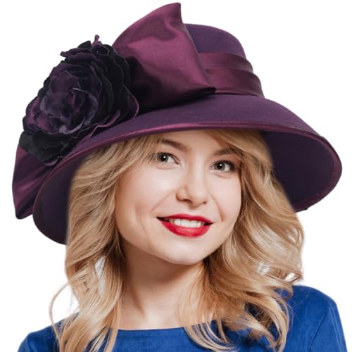 FORBUSITE Women Wool Felt Dress Party Hats for Fall, Winter Church Hats 1920s 1950s 60s (Bow-Purple)