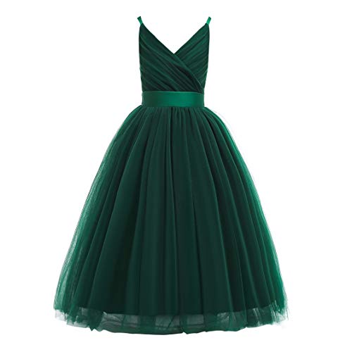 Glamulice Emerald Green Flower Girl Dress Lace Bridesmaid Long A Line Wedding Pageant Dresses Tulle Spaghetti Strap Party Gown Photo Shoot Holiday Evening Formal Princess Dance Ball Gown Green Prom 6