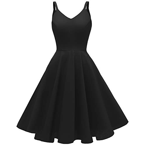 GOOBGS Women's 1950s Retro Vintage Spaghetti Strap Cocktail Swing Dresses with Pockets Black 2XL 1