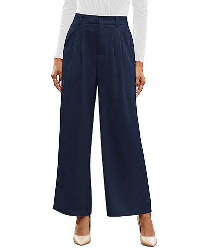 GRAPENT Womens Business Casual Outfits for Work Slacks for Women Business Casual High Waisted Flowy Pants for Women Slacks Palazzo Pants Color Petite Navy Blue Size Large Size 12 Size 14