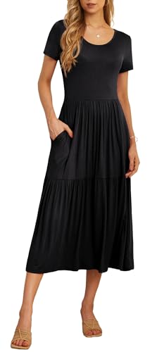 GRECERELLE Women's Summer Maxi Dress Casual Short Sleeve Crewneck Swing Tiered Beach Dresses with Pockets, Black, XX-Large