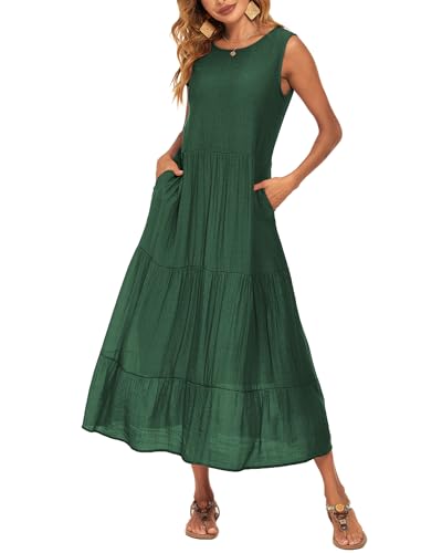 Halife Summer Casual Dresses for Women Dressy Empire Waist Swing Midi Sun Dress with Pockets Dark Green L