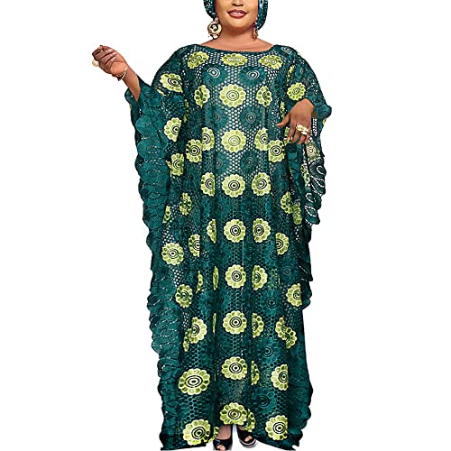 HD Green Embroidery Kaftan Dress for Woman Batwing Gala Gown Tulle Casual Caftan