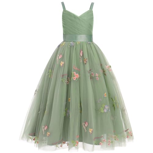 IBTOM CASTLE Spring Dresses for Girls 14-16: Flower Girls Spaghetti Strap Tulle Floral Dress Long A Line Wedding Pageant Dresses Princess Birthday Party Ball Gown Formal Dress Sage Green 9 Years