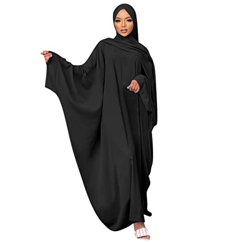 IKADEX Muslim Dress for Women Pakistani Kaftan Abaya Robe + Hijab Arabic Islamic Prayer Clothes Dubai Outfits Black Set