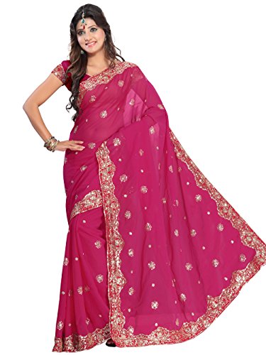 Indian Trendy Women's Bollywood Sequin Embroidered Sari Festival Saree Unstitched Blouse Piece Costume Boho Party Wear (Deep Pink)