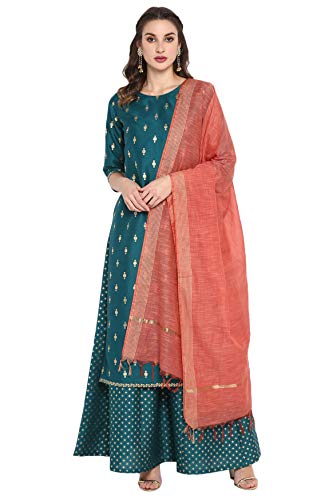 Janasya Indian Women's Green Printed Kurta With Palazzo And Dupatta