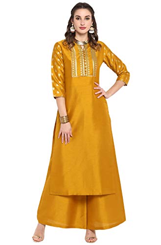 Janasya Indian Women's Mustard Yoke Printed Poly Silk Kurta with Palazzo