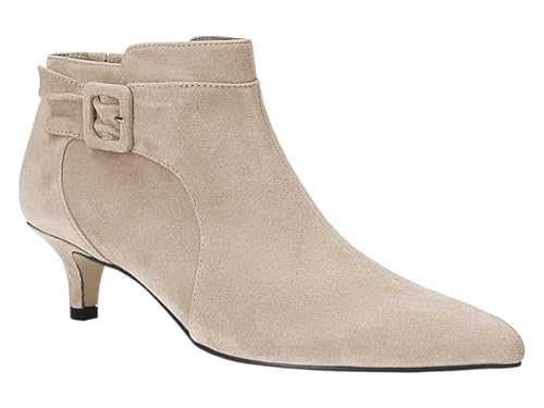 Juliet Holy Womens Pointed Toe Ankle Boots Kitten Heels Faux Suede Booties Side Zipper Dress Shoes, Beige, Size 9