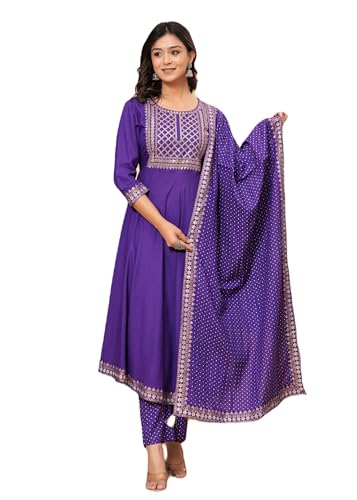 JVSP FASHION Women Embroidered Kurta set with Dupatta in Rayon fabric Indian Tunic Dress Ethnic Wear Collection For Women (US, Alpha, Large, Regular, Regular) Purple