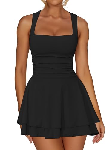 Kaximil Women's Square Neck Ruffle Hem Mini Dress Ruched Waist Short Party Dresses, Small, Black