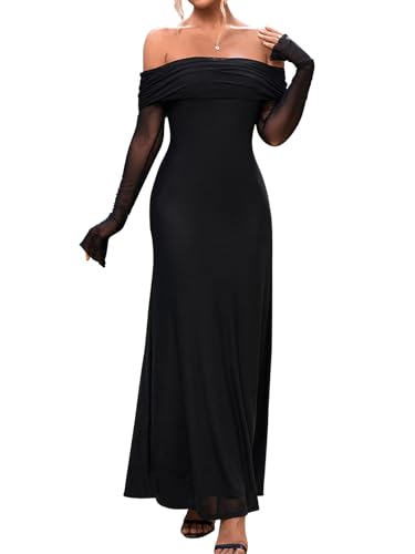 KUTUMAI Women Off Shoulder Bodycon Maxi Dress Long Sleeve Mesh Ruched Party Formal Wedding Guest Dresses Black M