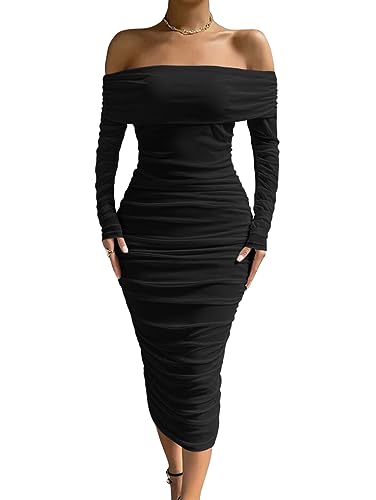 LAGSHIAN Women Sexy Off Shoulder Long Sleeve Bodycon Ruched Midi Elegant Cocktail Party Dress Black