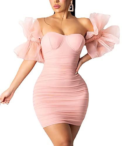 LKOUS Elegant Club & Night Out Dresses, Off Shoulder Evening Short Dress, Solid Color Bodycon Mini Dress