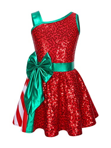 Loloda Kids Girls Sequins Dance Tutu Dress Leotard Christmas Party Mrs Santa Claus Candy Cane Costume Colorful 10 Years