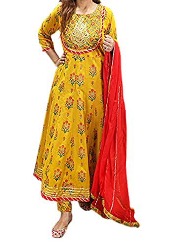 MAHICH WOMEN'S Cotton Anarkali Hand Block Printed Kurti with Pant and Duptta Set_Yellow (L)