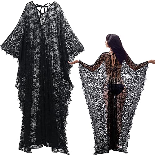 Mepase Halloween Witch Lace Kimono Kaftan Dress Robe Bikini Swimsuit Beach Cover up for Women Vampire Carnival Costume(Black)