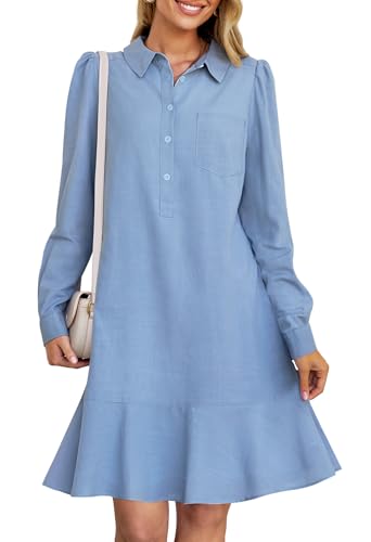 MEROKEETY Women's Long Sleeve Button Down Shirt Dress Ruffle Flowy Casual Tunic Shift Mini Dresses, GrayBlue, M