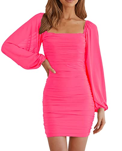 MEROKEETY Women's Square Neck Long Sleeve Mesh Ruched Bodycon Cocktail Party Mini Dress Fluopink Medium