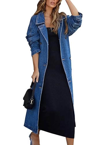 MJFCS YAENH Women's Vintage Notched Collar Double Breasted Over Knee Midi Long Denim Jacket Trench Coat with Belt(Blue,M)