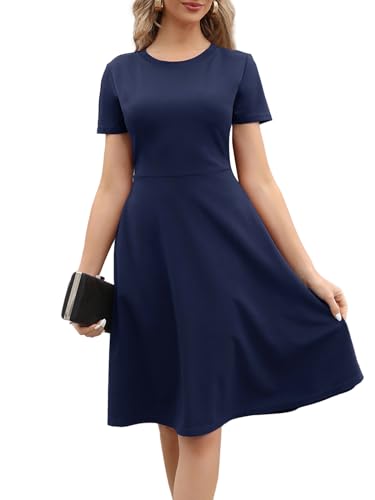 MSLG Summer Dresses for Women 2024 Work Church Elegant Business Casual A-Line Fit and Flare Short Sleeve Petite Dress with Pockets 162 L Navy Blue