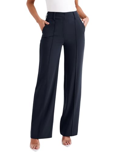 NIMIN High Waisted Dress Pants for Women Petite Casual Business Work Trousers Wide Leg Long Straight Suit Pants Classic Slacks Navy Blue S