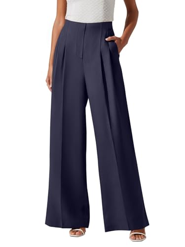 NIMIN Work Dress Pants Women High Waisted Wide Leg Business Casual Outfits 2024 Fall Fashion Office Trousers Plazzo Slacks with Pockets Navy Blue