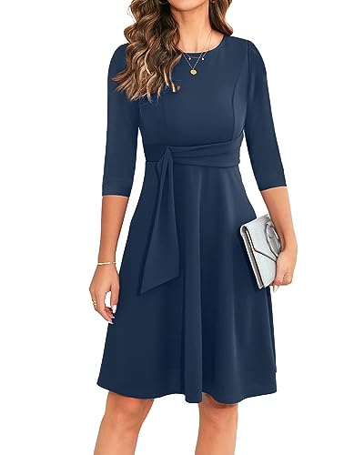 OWIN Work Dress for Women Business Office Vintage 3/4 Sleeve A Line Swing Formal Cocktail Party Dresses Navy Blue XL