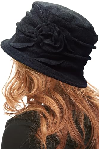 Polar Fleece Fashion Women-Cloche-Hat, 1920s Vintage Womens-Felt-Hat, Floral Winter Fall Spring Church-Hats for Women Elegant Black