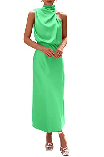 PRETTYGARDEN Women's 2024 Summer Satin Dress Elegant Sleeveless Mock Neck Cocktail Party Maxi Dresses (Grass Green,Small)