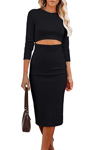 PRETTYGARDEN Women's Long Sleeve Midi Bodycon Dresses Casual Crewneck Cut Out Ribbed Knit Fitted Pencil Dress (Black,Medium)