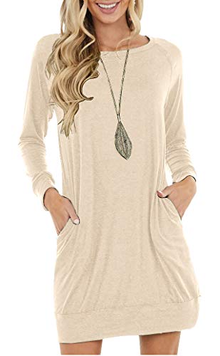 PrinStory Womens Causal Dresses Fall Long Sleeves Loose Round-Neck Warm Dress Tuinc Tops Basic Dress with Side Pockets US Medium FP VG-Beige