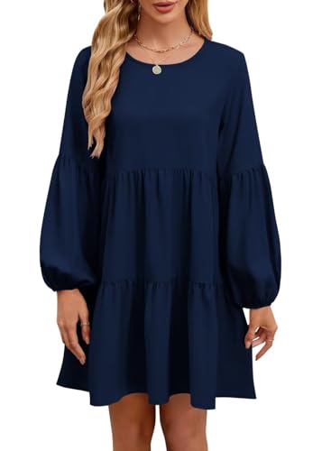 QACOHU Ladies Casual Dress 2024 Women Tunic Dress Fall Fashion Loose Flowy Swing Shift Dresses Blue L