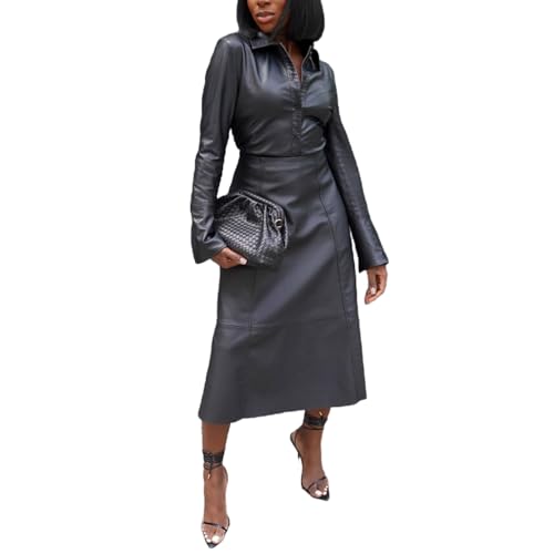 REASERAL Womens PU Leather Outfits Lapel Shirt Long Sleeve with Leather Maxi Skirts Going Out Casual Sets