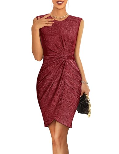 Red Party Dress for Women Crew Neck Bodycon Dress for Women Cap Sleeve Party Cocktail Wrap Hem Mini Formal Dress Wine Red L