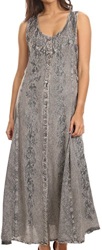 Sakkas 15221 - Maya Floral Embroidegrey Sleeveless Button Up Rayon Dress - Grey - L/XL