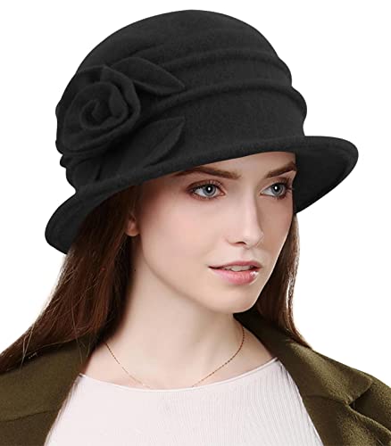 Sumolux Women Beret Hat French Vintage Floral Wool Dress Cloche Classic Winter Hat 1920s B Black