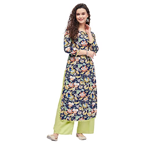 Tissu Women's Rayon Blue & Green Printed A-Line Kurta with Palazzo (Tis_635-Blue-M)