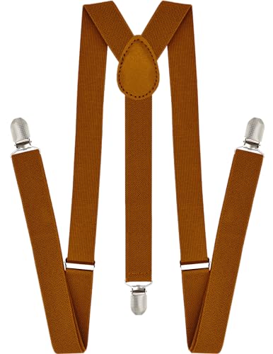 trilece Brown Rust Suspenders for Men - Adjustable Size Elastic 1 inch Wide Y Shape - Mens Womens Suspenders - Heavy Duty Clips - Wedding Suit Dress (Brown Rust, 1)