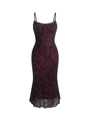 Verdusa Women's Floral Print Mesh Lettuce Trim Sleeveless Bodycon Long Cami Dress Red Medium