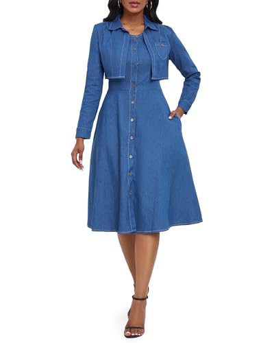 VERWIN Two Pieces Denim Dress with Jackets Midi Dress Button Down Party Shirt Dress Outfits XL Blue