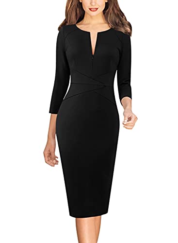 VFSHOW Womens Little Black Elegant Front Zipper Slim Work Business Office Party Bodycon Pencil Sheath Dress 3601 BLK S