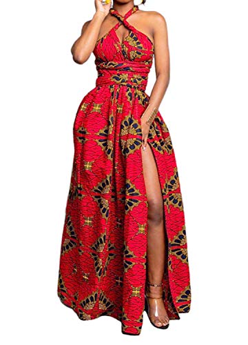 Vimoisa Women Sexy Boho African Dress Long Maxi Dress V-Neck Multi-Way Dress Pleated Dress Floral Print