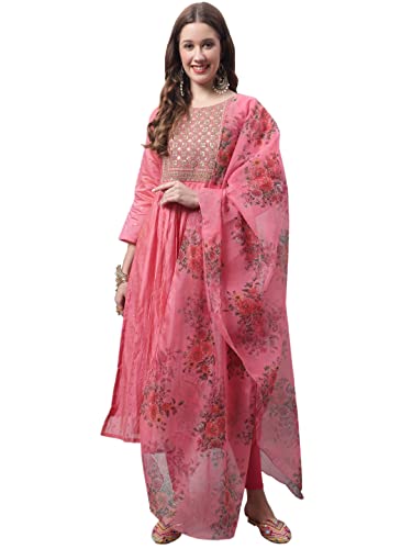 VredeVogel Women's Chanderi Modal Butti Kurta with Stretchable Leggings & Organza Dupatta Set (Pink_Large)