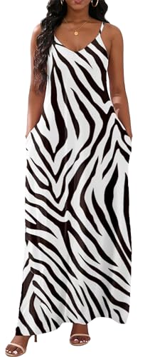 vunahzma Women's Long Maxi Black White Zebra Print Dresses Plus Size Casual Sleeveless Summer Sundresser V-Neck Adjustable Spaghetti Strap Sleeveless with Pockets(Floral-28 XXXL)