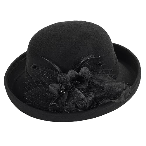 Women-Felt-Bowler-Fedora-Hat with Floral-Fascinator for Kentucky-Church-Derby-Wedding-Party Black