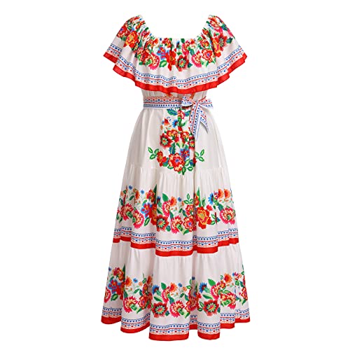 Women Mexican Dress Off Shoulder Floral Long Maxi Dress Summer Beach Party Cinco de Mayo Dresses with Belt White S