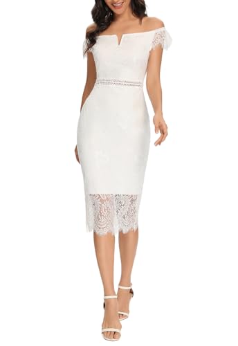 Women's Elegant Floral Lace Fixed V Neck Short Fluttering Sleeves Knee Length Bodycon Cocktail Lace Dress (Beige, 931B1,M)