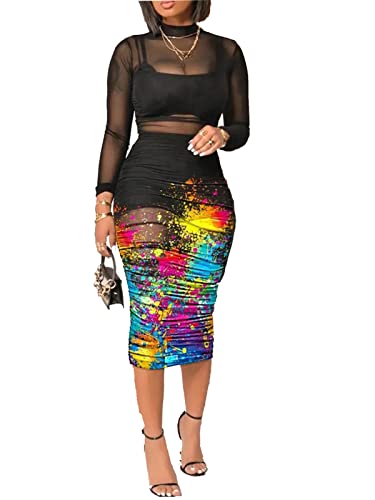 Women Sexy 3 Piece Outfits Set See Through Print Long Sleeve Midi Dress Sheer Mesh Crop Tank Tops Bodycon Skirt Black M